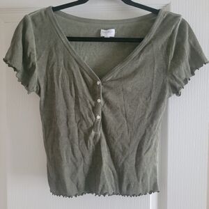 True Craft Olive Green Ribbed Button Women's Top Size Large